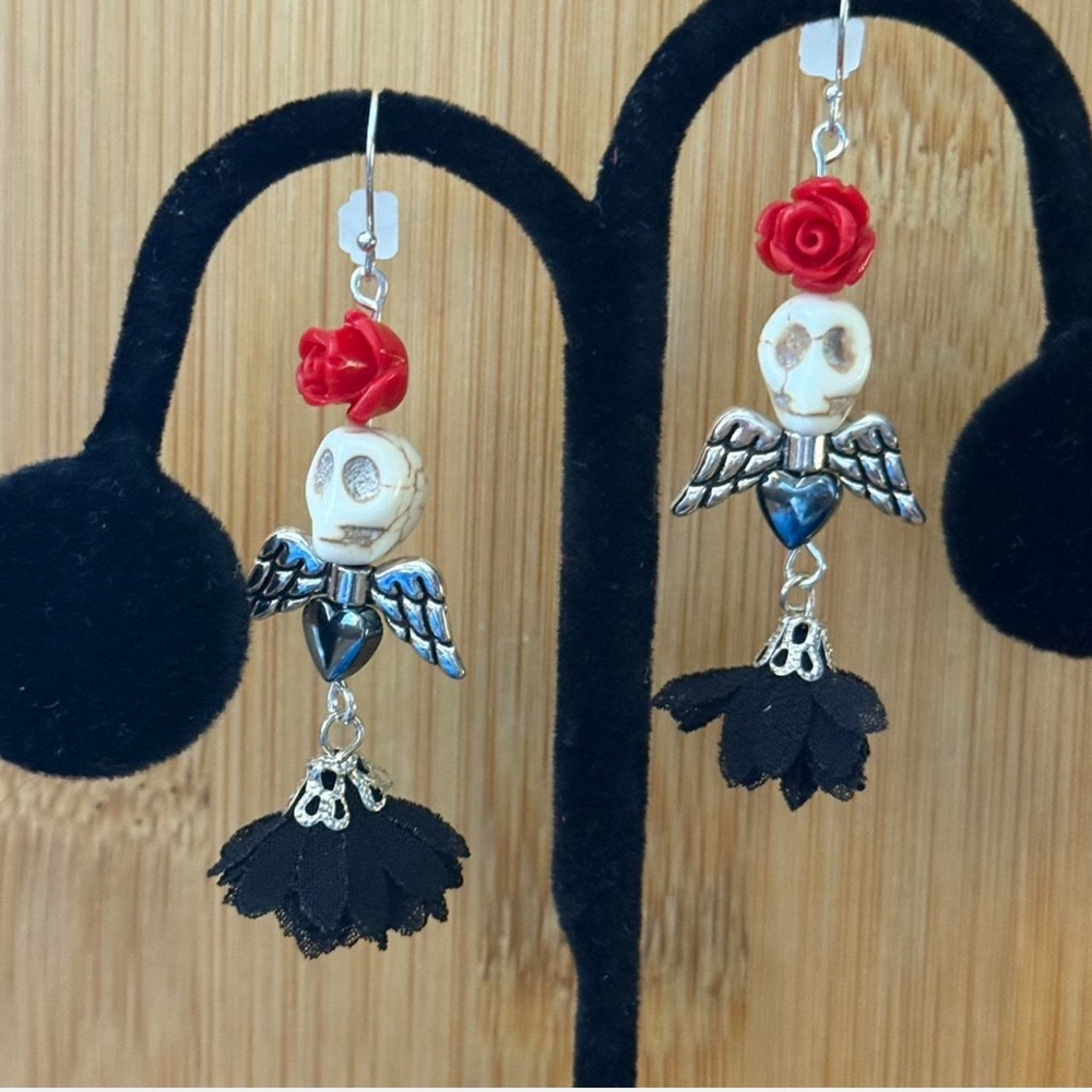 Silver and Black Skull Angel Earrings with Red Rose